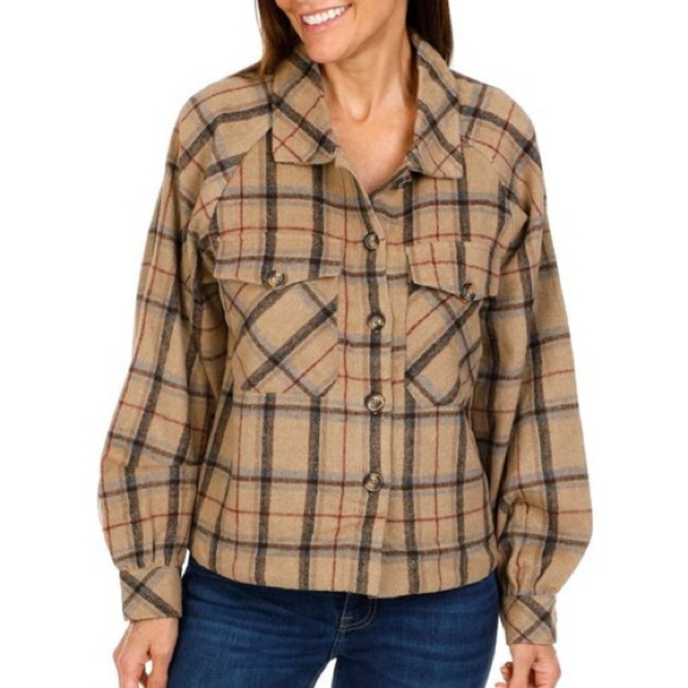 With Love YMI Tan Brown Shirt Warm Plaid Long Sleeve Button Down Pockets Med NWT